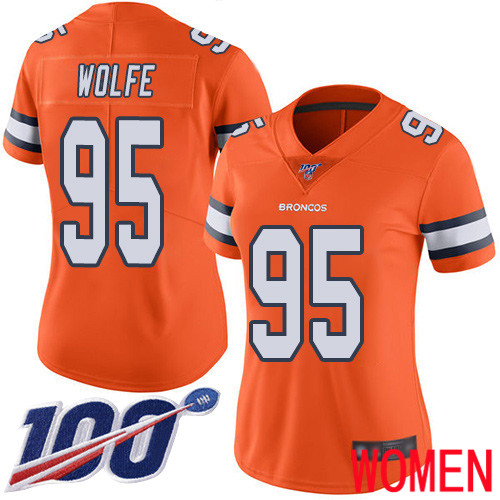 Women Denver Broncos #95 Derek Wolfe Limited Orange Rush Vapor Untouchable 100th Season Football NFL Jersey
